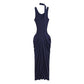 Sleeveless maxi dress with a V-neck, neck sash, and side ruching