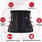 Black mesh waist trainer belt shown at the center of a product feature layout on a light background