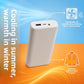 White portable power bank linked to a fan cooling vest and a heated jacket in a summer and winter usage diagram