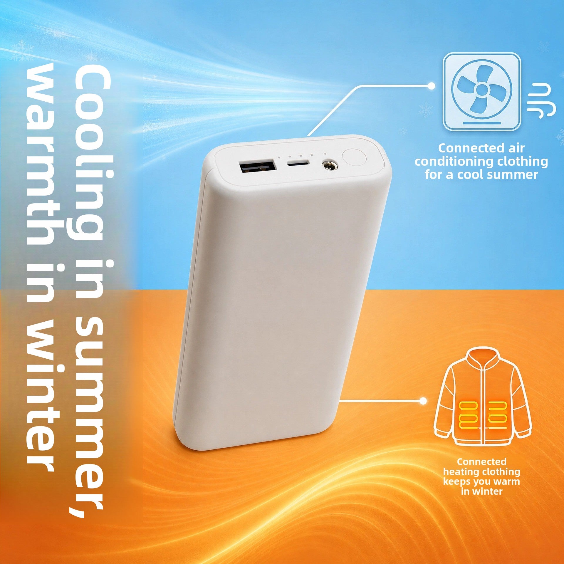 White portable power bank linked to a fan cooling vest and a heated jacket in a summer and winter usage diagram