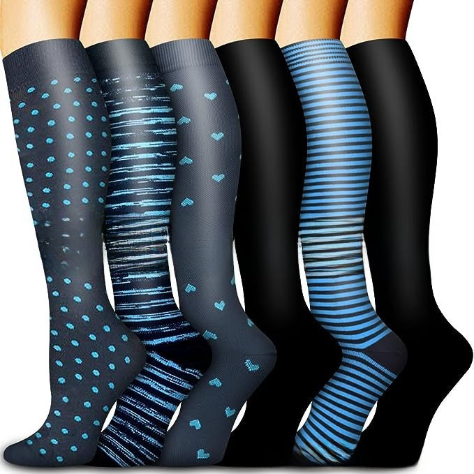 Set of knee high compression socks in botanical and animal print designs