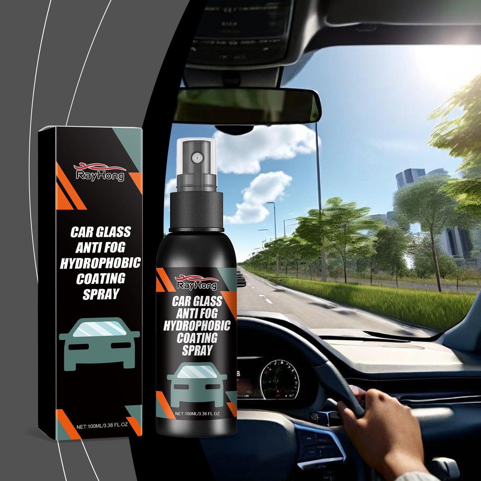 RayHong 100 ml car glass coating spray with its carton, beside an in car view of a road