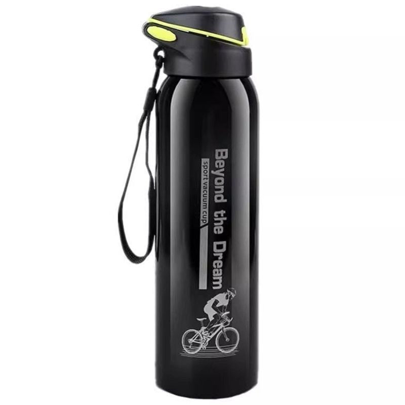 Black insulated stainless steel sports bottle with flip lid, carry strap and printed cyclist graphic, black option