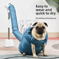 Pug sitting in a blue pet drying bag with a flexible air tube rising to a mounted dryer on a stand