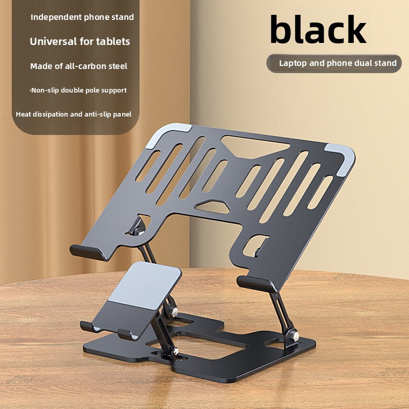 Black hollow laptop stand with slotted plate, fold-out phone holder and double pole support on a wooden desk