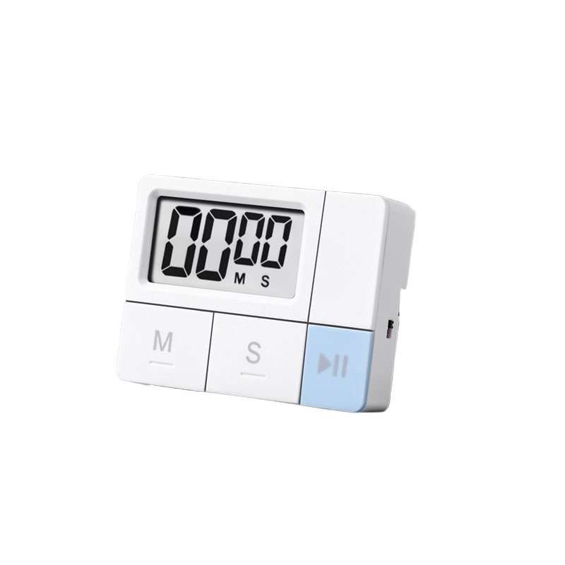 White plastic digital countdown timer shown at a three quarter angle on a white background