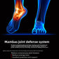 Dark panel with a foot and ankle outline and the words Mambas joint defense system above three short lines of text