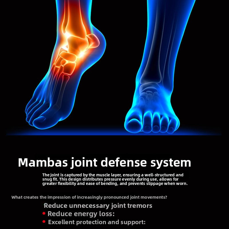 Dark panel with a foot and ankle outline and the words Mambas joint defense system above three short lines of text