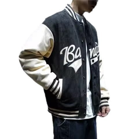 Black baseball jacket with cream sleeves on a white background, script lettering and snap front
