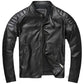 Black stand collar moto jacket with quilted shoulders, open zip and hip zip pockets on a white background