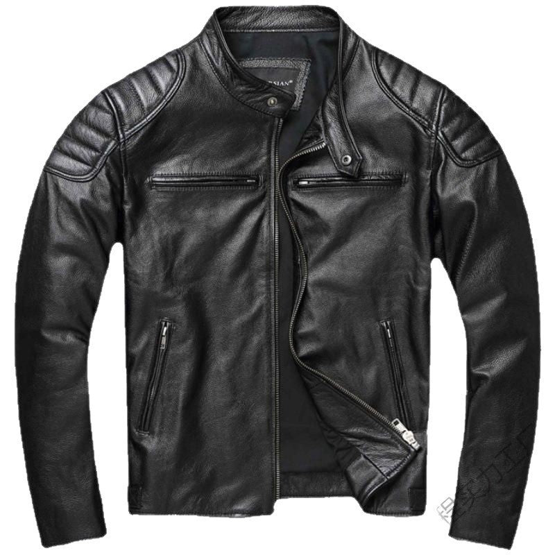 Black stand collar moto jacket with quilted shoulders, open zip and hip zip pockets on a white background