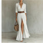 White long shirt dress with collar, button front and brown belt, close view for size M
