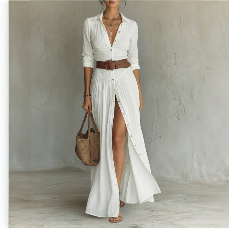 White long shirt dress with collar, button front and brown belt, close view for size M