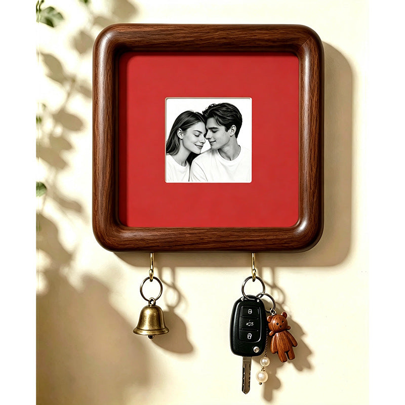 Option 15x15 Hook Style 8: dark wood wall photo frame with plain red backing and two key hooks