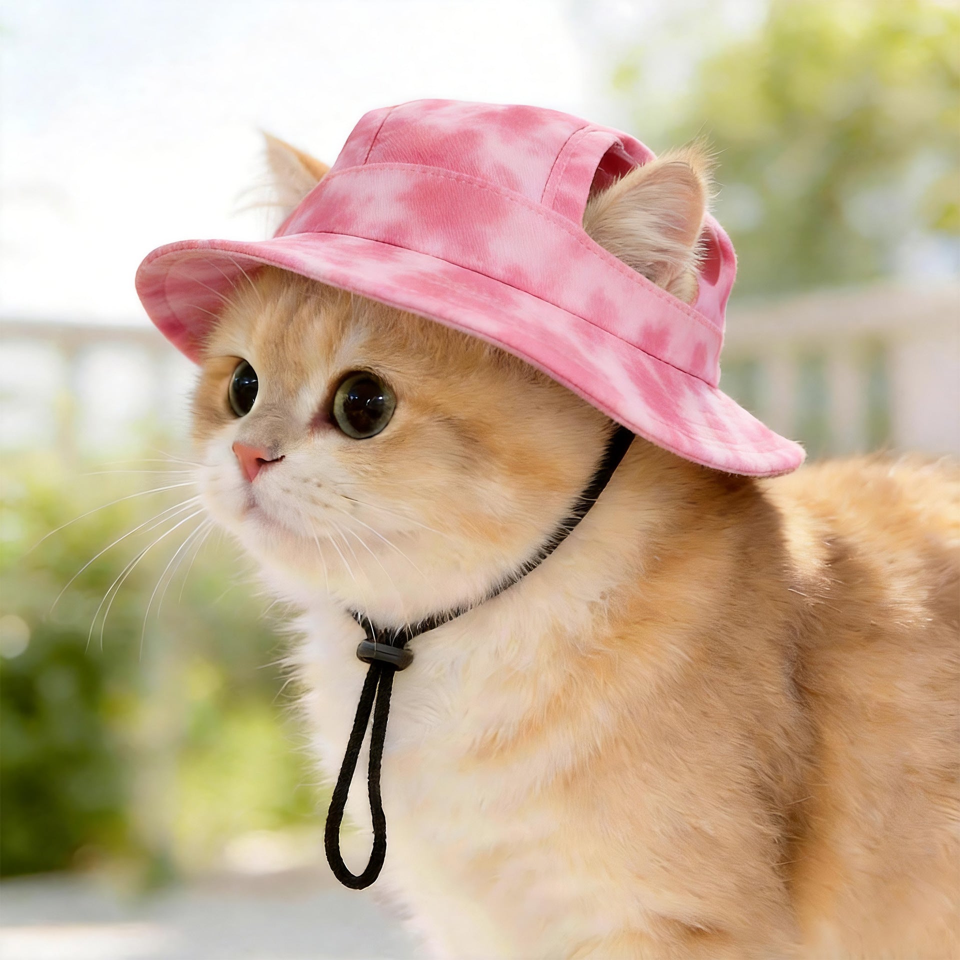 Pet bucket sun hat with ear holes and chin cord in black and white cow print, view 54