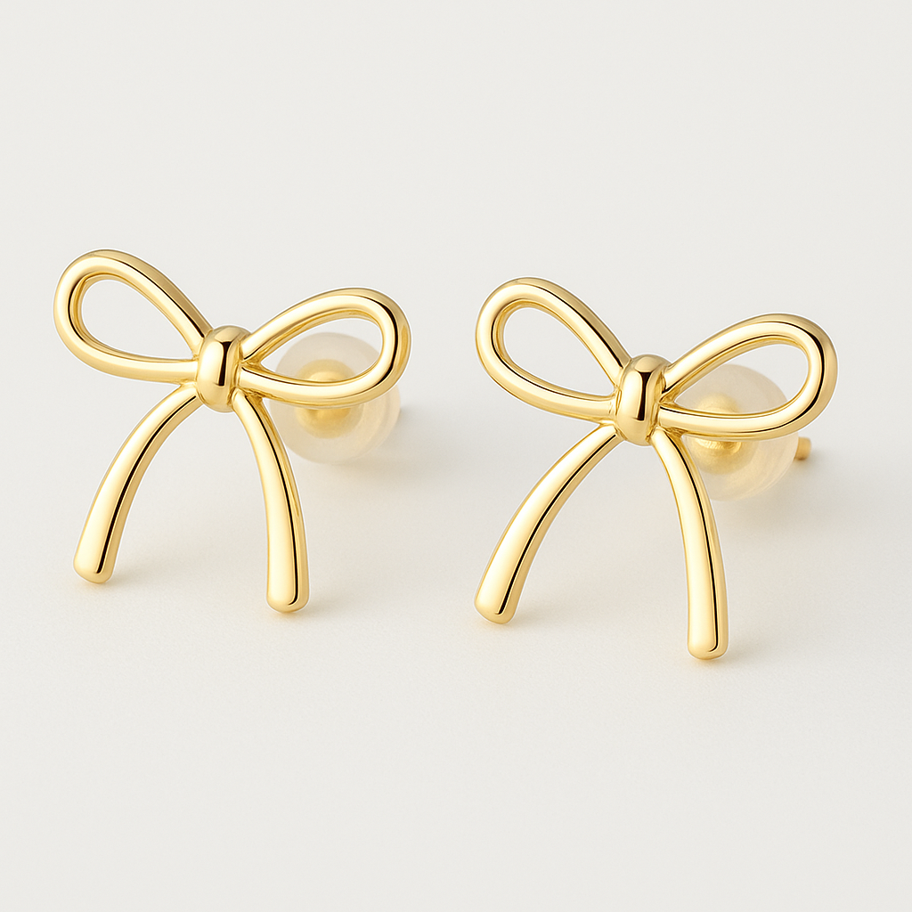 18K Gold Bow Earrings for Women | side profile detail close up
