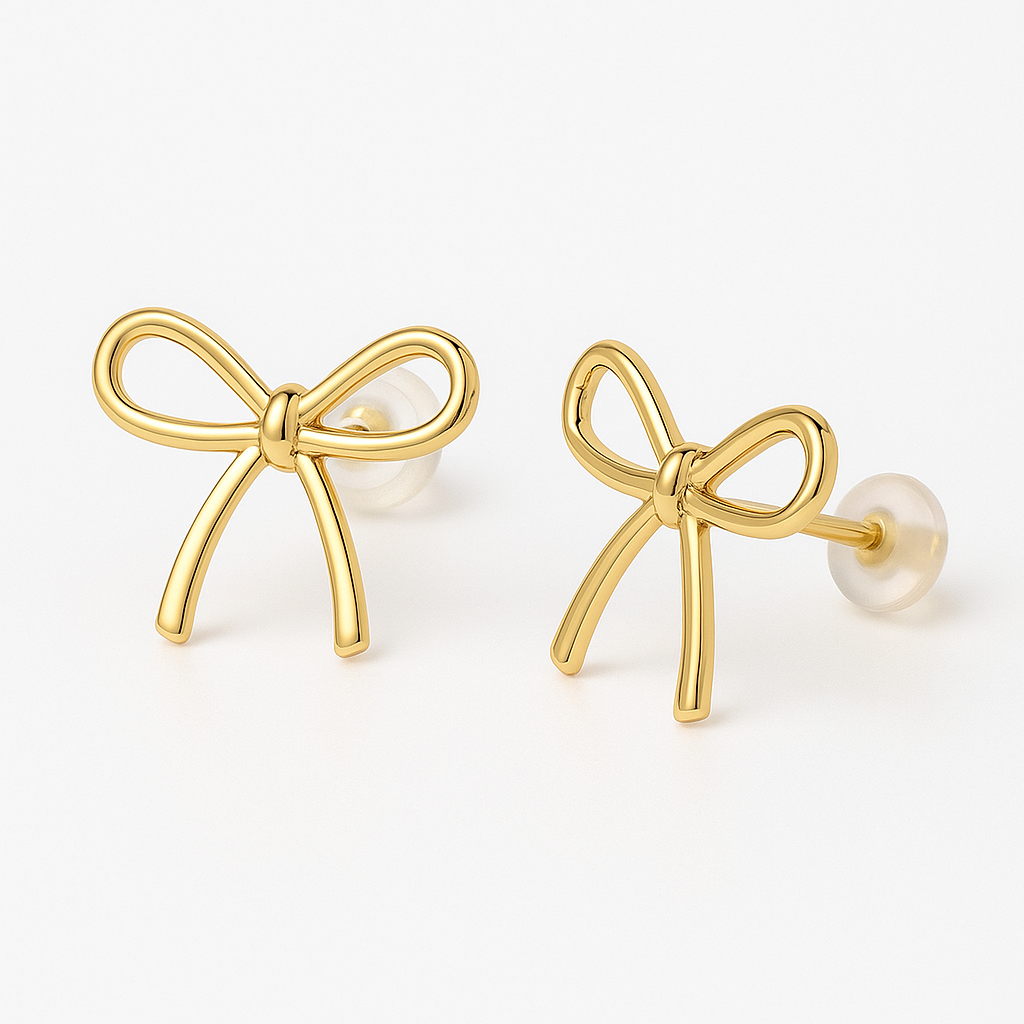 18K Gold Bow Earrings for Women | angled lifestyle styling shot