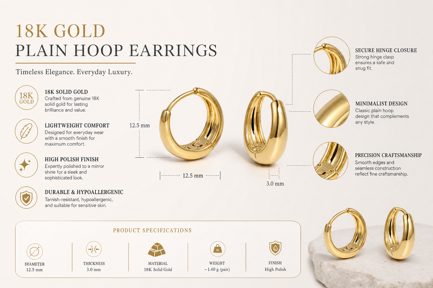 18k gold plain hoop earrings for women everyday product for busy day simple errand everyday routine with practical value 6