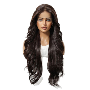 Long dark brown synthetic lace front wig shown front on, loose body waves falling well past the shoulders