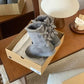 Gray mid-height boots with stacked bows and shearling cuffs in a box, Gray Double Ribbon Thin Sole option, size 39
