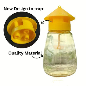 Clear plastic fruit fly trap with a vented yellow cap shown beside a close view of the lid entry holes