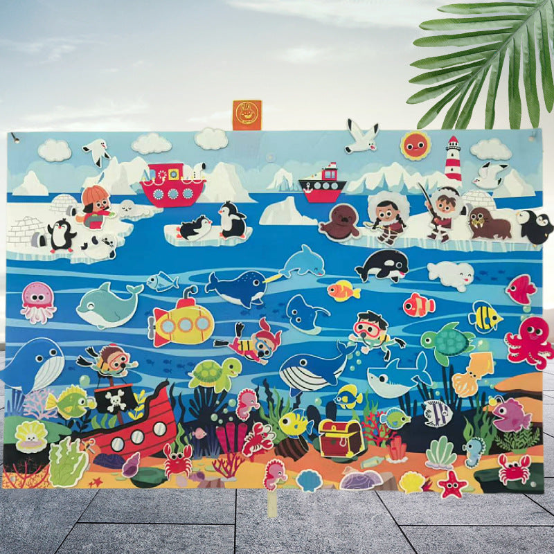 Ocean felt story board lifestyle scene with felt boats, fish and sea creatures on blue water felt