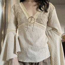 Womens Crochet Lace V Neck Bell Sleeve Blouse with Tie Detail