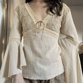 Womens Crochet Lace V Neck Bell Sleeve Blouse with Tie Detail