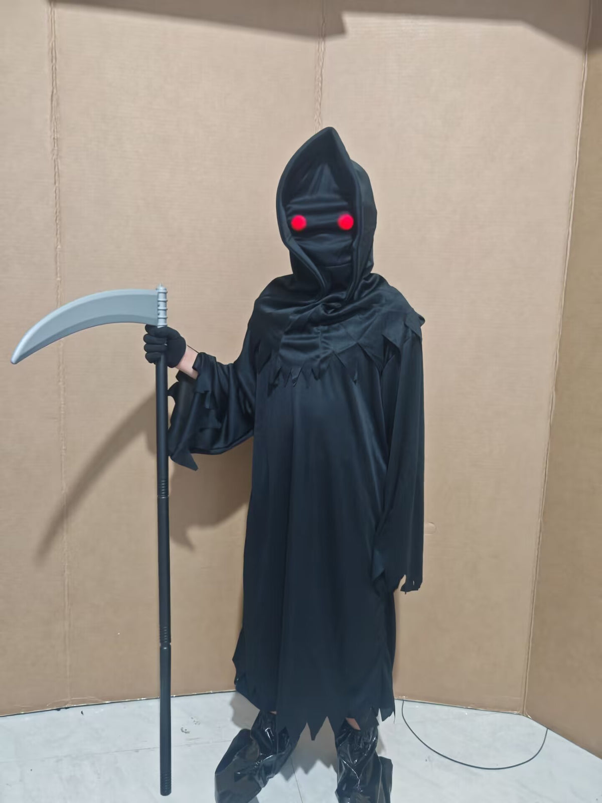 Child in a black ragged hooded robe with red eyes on the hood, Red eyes option, 110cm