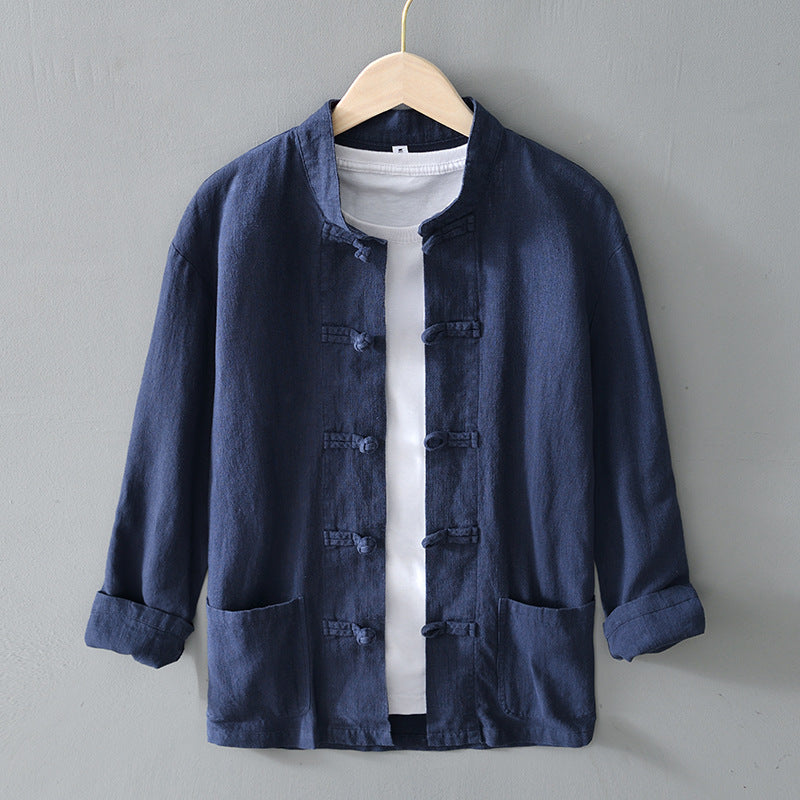 Navy Blue frog closure shirt jacket with stand collar on a hanger over a white tee, image of the size M option
