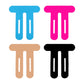 Four pre-cut knee tape pieces in blue, pink, skin colour and black, laid flat