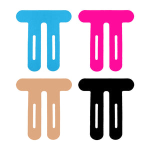 Four pre-cut knee tape pieces in blue, pink, skin colour and black, laid flat