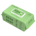 JiAnHe green tea facial cleansing wipes pack of 80 sheets in green with a white snap lid, white background