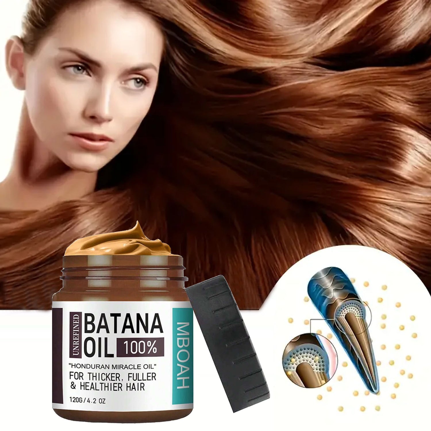 Close up of the thick caramel coloured Batana oil butter texture in the open jar