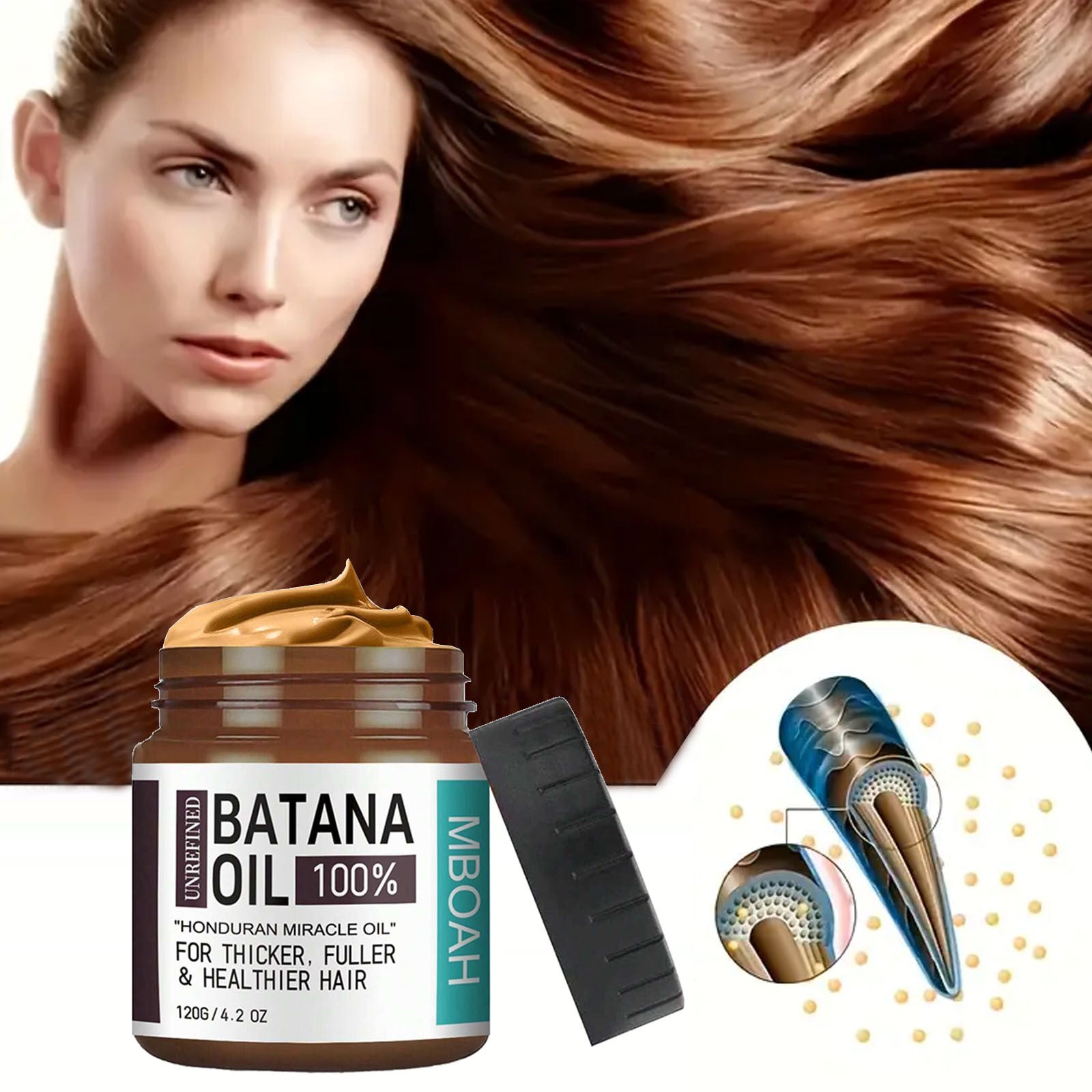 Close up of the thick caramel coloured Batana oil butter texture in the open jar