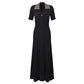 French V-neck beaded dress in black under soft studio light