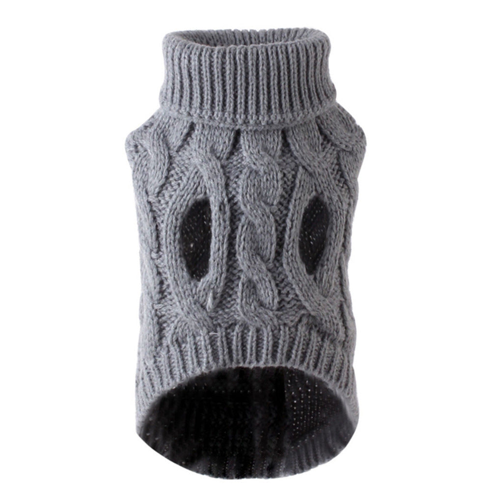 Cable knit dog sweater shown from the front with the ribbed turtleneck collar