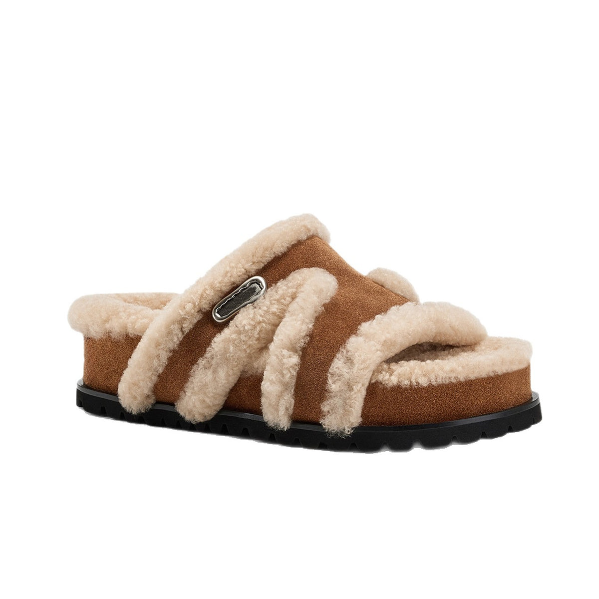 Pair of brown suede open toe slippers with plush fleece straps on a plain floor