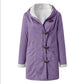 Women's hooded suede toggle coat with white plush lining in Purple