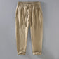 Pure linen mens drawstring straight leg trousers in green coffee, front flat view