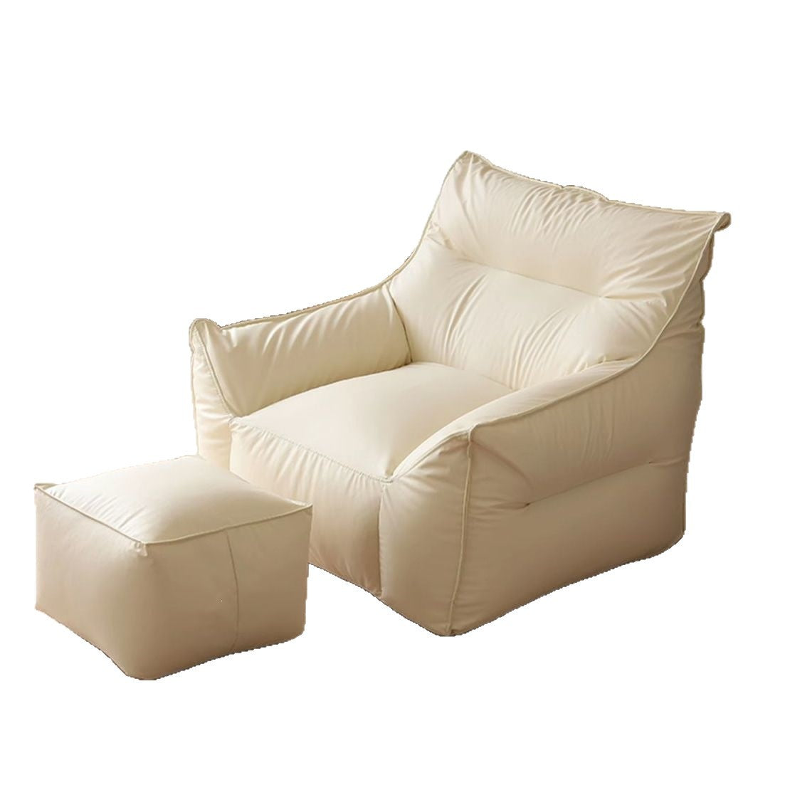 Cream bean bag armchair with a high back, wide arms and matching footstool on a white background