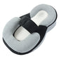 Grey wedge lounger pillow with a black panel, white mesh insert, curved head bolster and strap on a white background