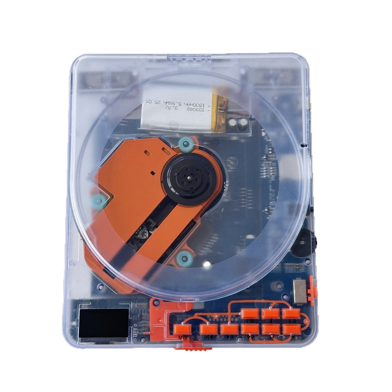 Transparent portable CD player seen from above with the blue board and cell visible