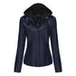 Dark blue PU leather jacket with detachable hood, size L option