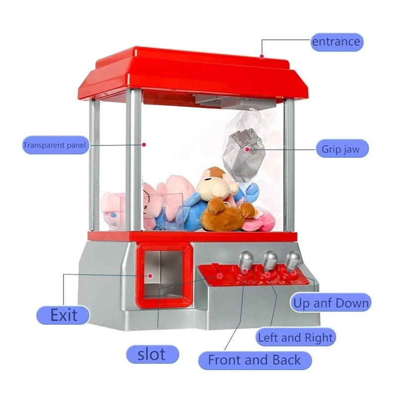 Labeled toy claw machine: entrance, transparent panel, grip jaw, exit, coin slot and three joysticks