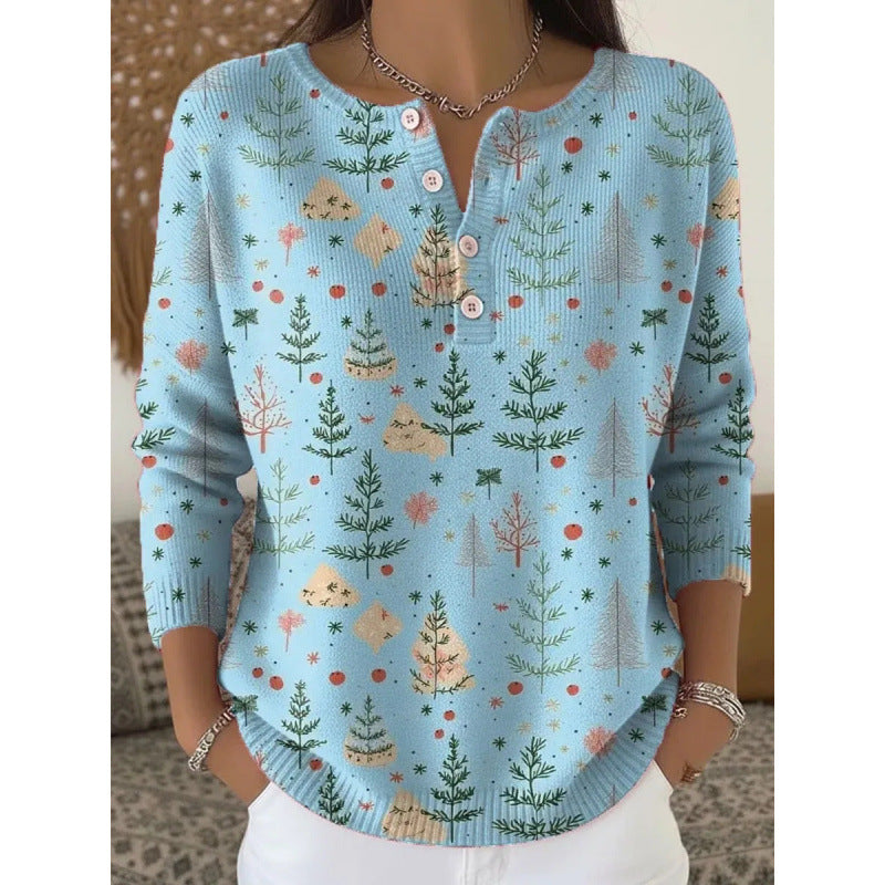 Front product shot of the green Christmas tree print Henley knit top