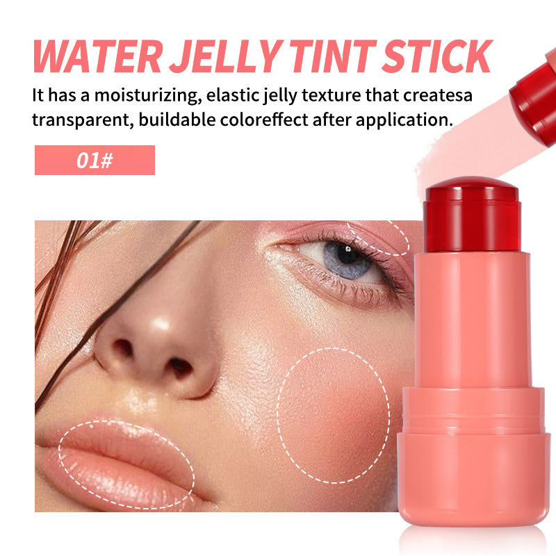 Shade 01 peach coral jelly blush stick beside a face with blush on the cheek and a tint on the lips