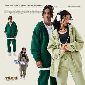 Front view of the solid colour zip-up hoodie with metal zip and lined hood