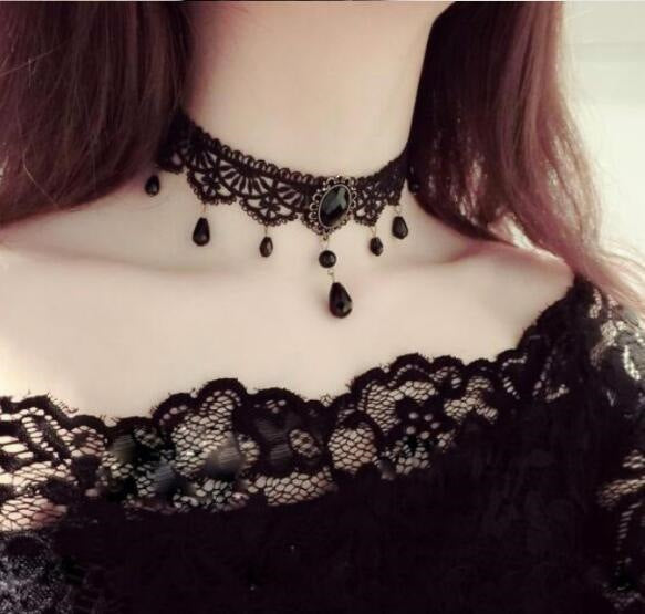 Lace choker necklace with layered alloy chains and glossy teardrop bead tassels