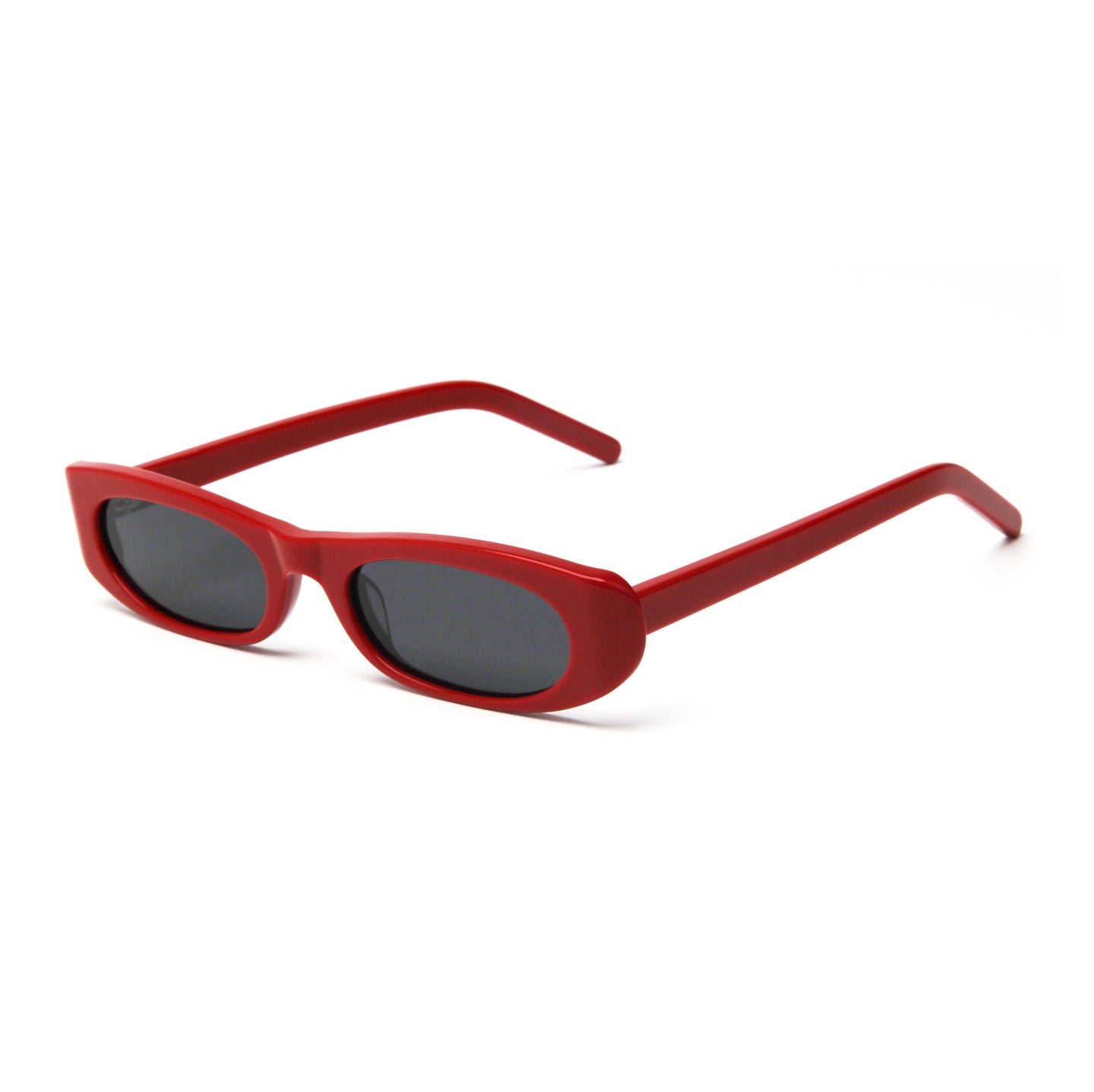Slim oval acetate sunglasses with smoke grey polarized UV400 lenses on white
